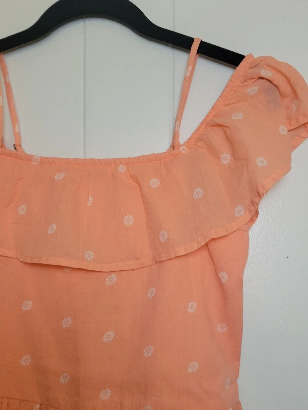 NWT Abercrombie Kids Romper Floral Ruffled Off Shoulder Peach White Girls 15/16